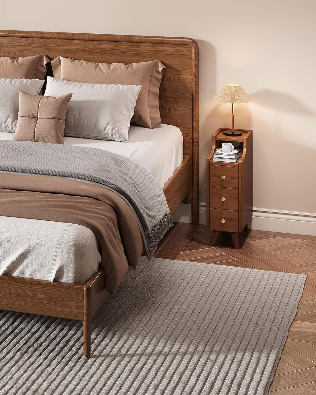 IUNVR Narrow Nightstand with 3 Drawers, Solid Wood Slim Bedside Table | 7.9" Modern Nightstand with Open Shelf & Cable Hole, Space Saving Storage Cabinet for Bedroom and Study