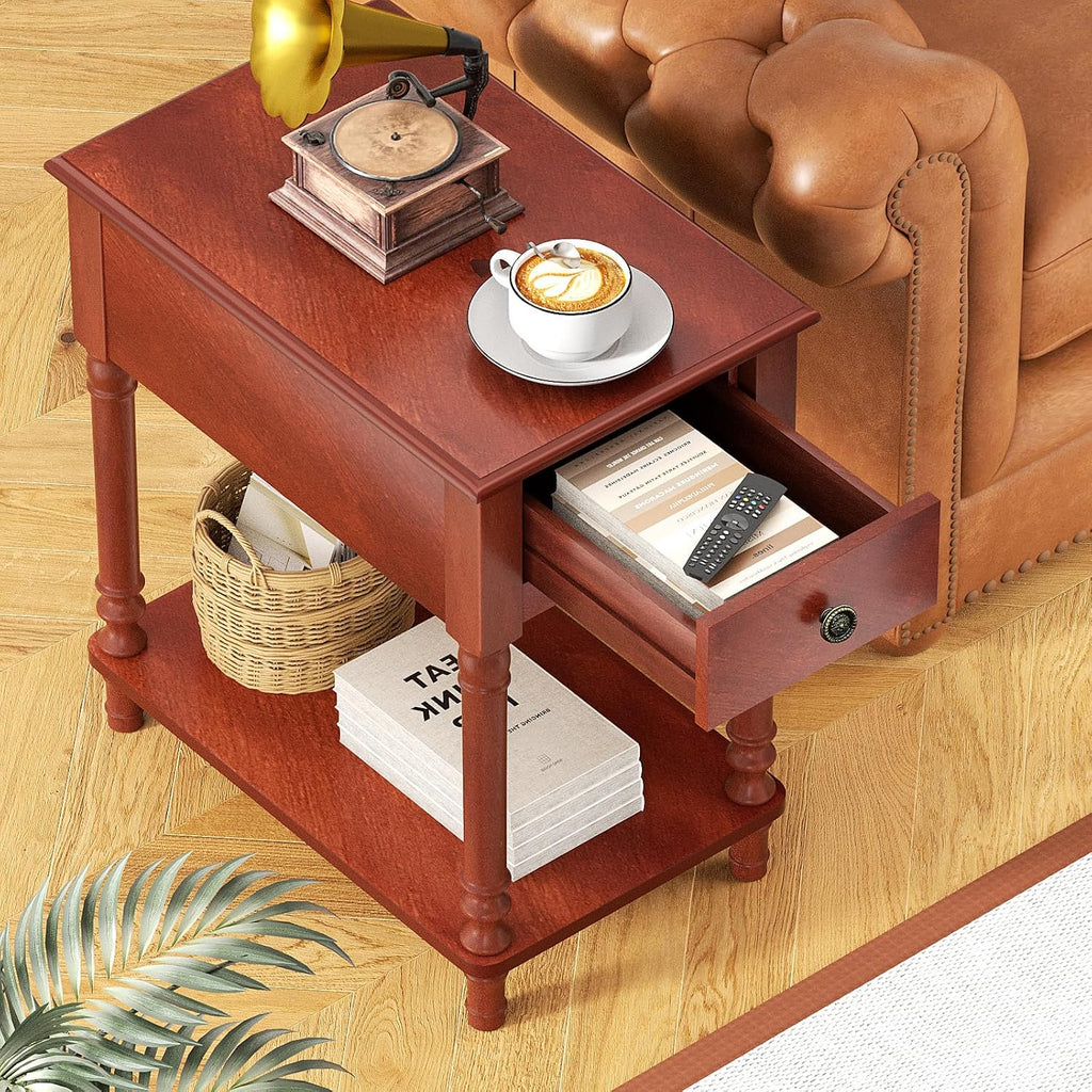 ROOMTEC Solid Wood End Table with Drawer and Shelf, Narrow Side Table Living Room, Vintage Wood Narrow Sofa Side Table, Nightstand for Bedroom, 14" W x 22" D x 24.8" H