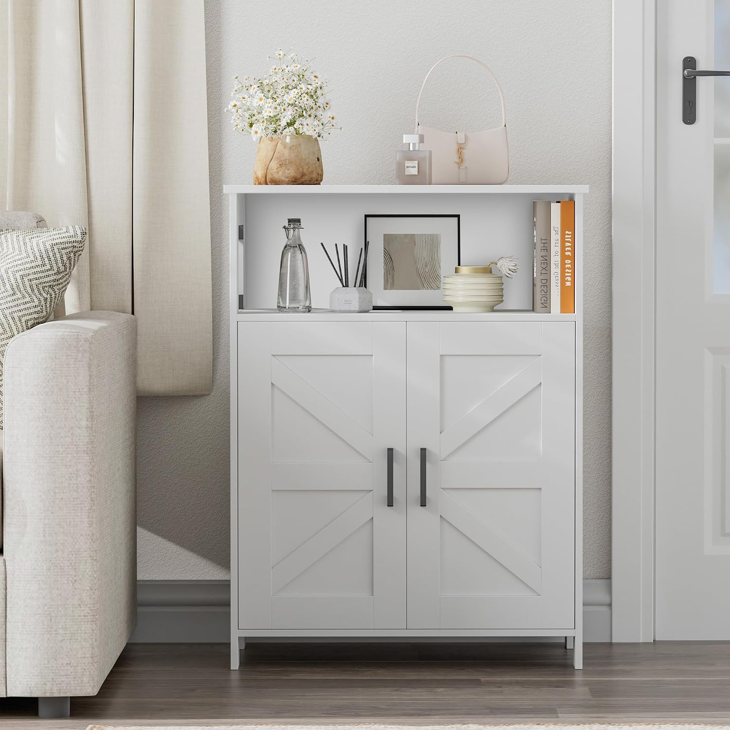 Homhedy Farmhouse Bathroom Storage Cabinet with Doors, Small Floor Cabinet