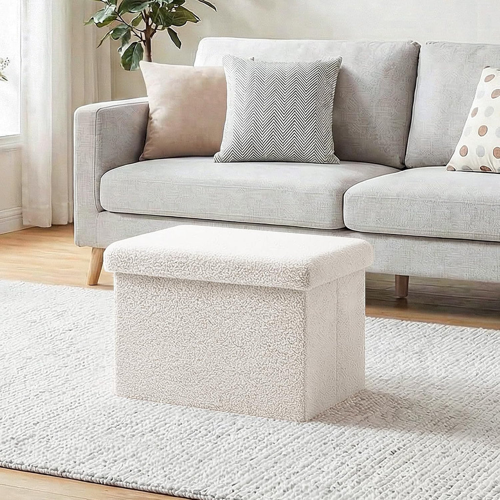 16.5in Small Storage Ottoman Foldable Sherpa Top Storage Bench,Foot Rest/Step Stool for Bedroom Dorm Entryway, Space Saving for Small Spaces- White
