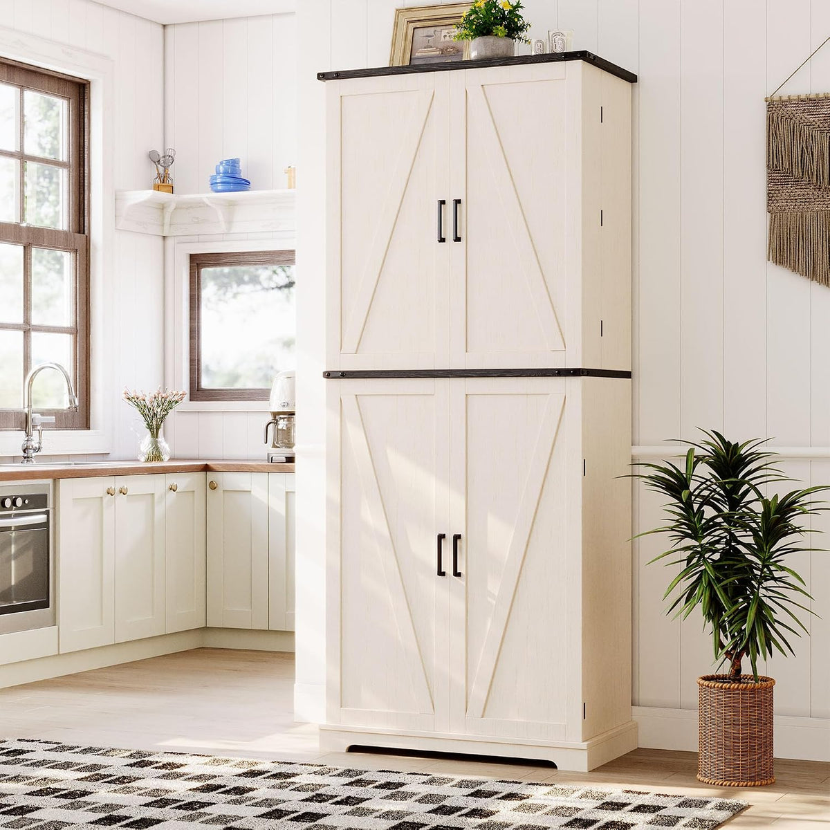 HOMPUS 71" Tall Kitchen Pantry Cabinet with Doors and Drawer, Farmhouse Storage Cabinet with Adjustable Shelves, Freestanding Wood Cupboard for Kitchen, Dining Room, Living Room, Bathroom, Off-White