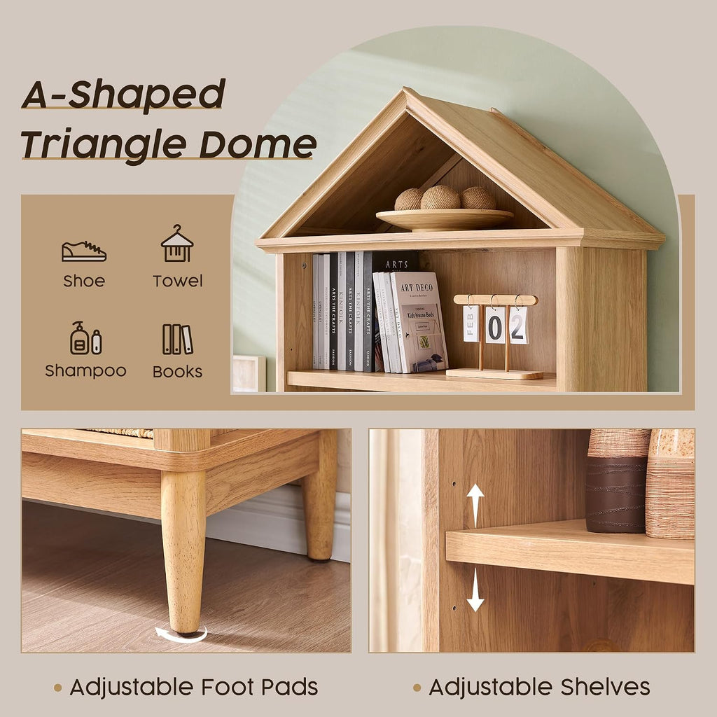 75.9" Tall Farmhouse Bookcase, Angle Arched 5 Tiers Large Bookshelf with Adjustable Shelves, Modern Wooden Geometric Book Shelf w/Storage and Open Display Shelves for Living Room, Office-Natural