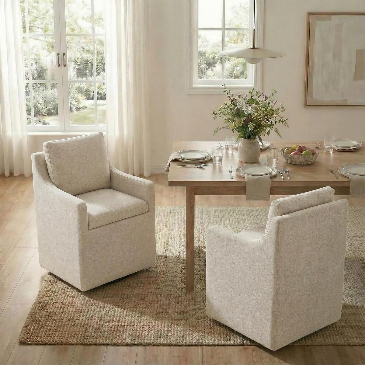 KISLOT Upholstered Dining Chairs Set of 2, Modern Dining Room Chairs with Casters & Washable Cover, Rolling Accent Chair with Hidden Storage for Kitchen, Farmhouse, Linen, 2 Box