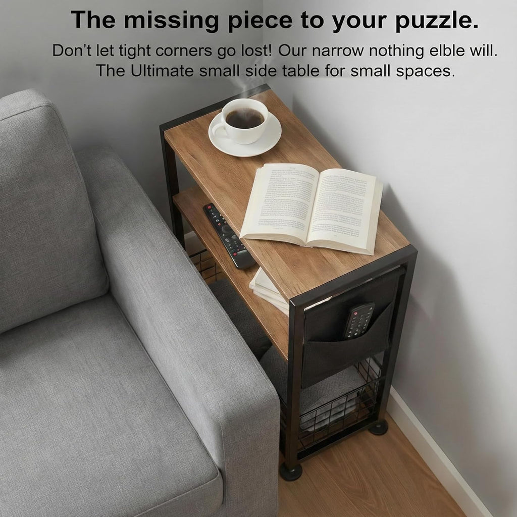 Skinny Side Table with Storage, 3 Tier Slim Side Tables for Small Spaces, Skinny End Table Narrow Bedside Table Narrow Side Table for Living Room, Bedroom