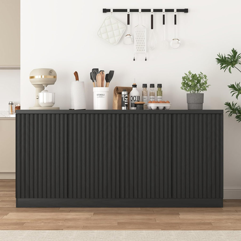 63" Fluted Buffet Cabinet Sideboard with Storage,Large Credenza with 4 Doors with Adjustable Shelves,Wood Mid Century Modern Sideboard for Kitchen, Living Room,Entryway(Black)