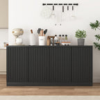 63" Fluted Buffet Cabinet Sideboard with Storage,Large Credenza with 4 Doors with Adjustable Shelves,Wood Mid Century Modern Sideboard for Kitchen, Living Room,Entryway(Black)