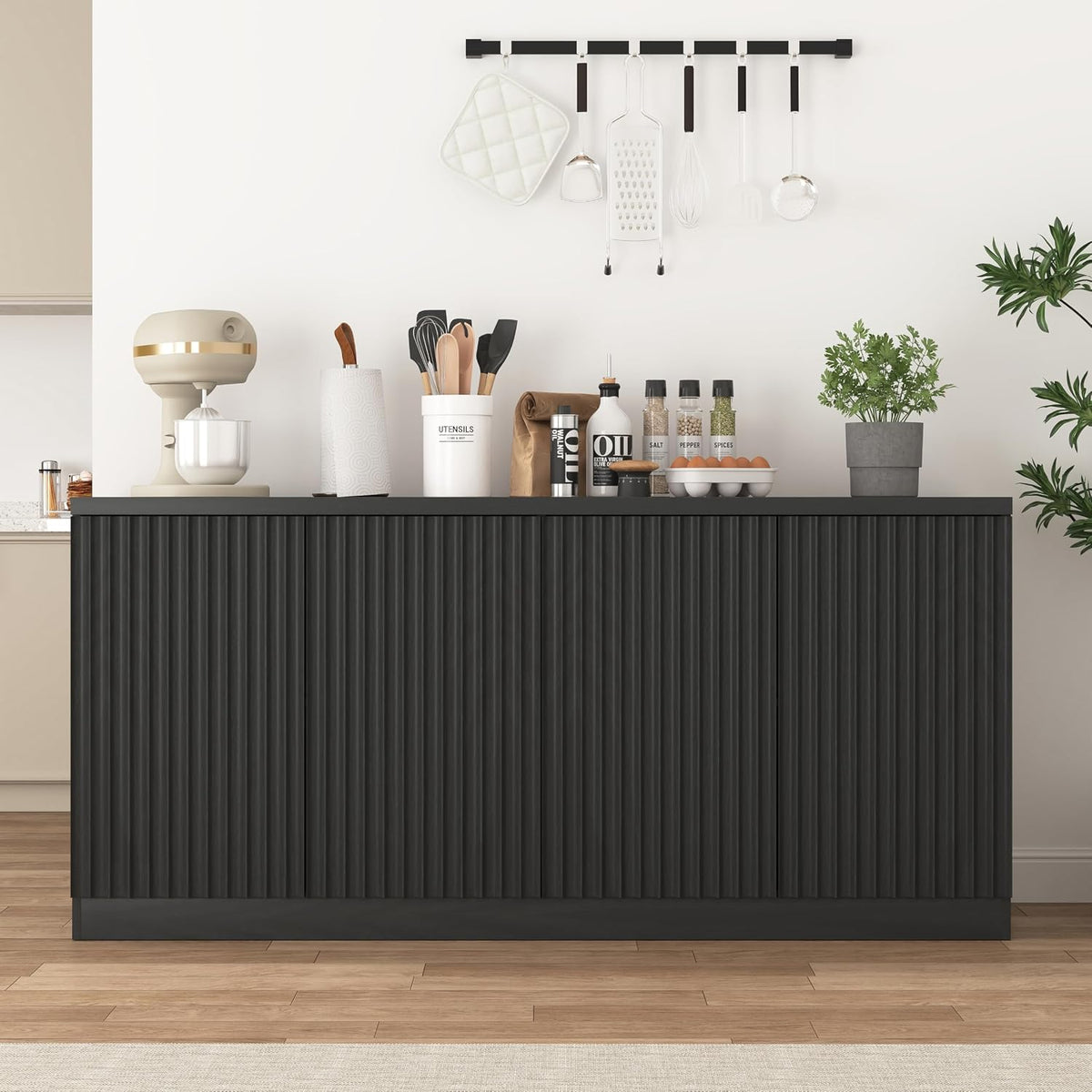 63" Fluted Buffet Cabinet Sideboard with Storage,Large Credenza with 4 Doors with Adjustable Shelves,Wood Mid Century Modern Sideboard for Kitchen, Living Room,Entryway(Black)