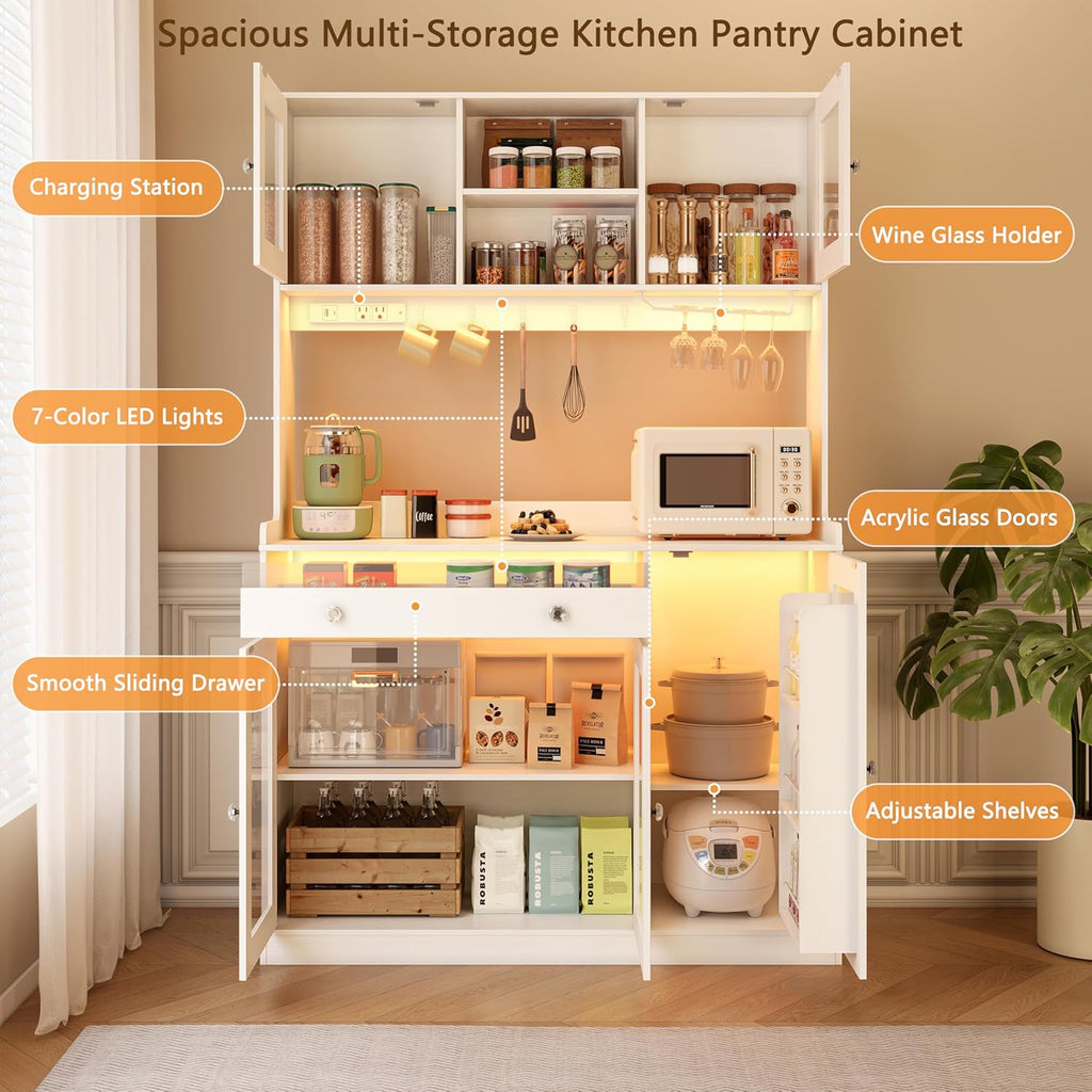 Korfile 71" Pantry Cabinet, Tall Kitchen Pantry Cabinet with Charging Station & LED Light, Kitchen Hutch with Wine Rack, Pantry Storage Cabinets with Microwave Stand for Dining Room, White