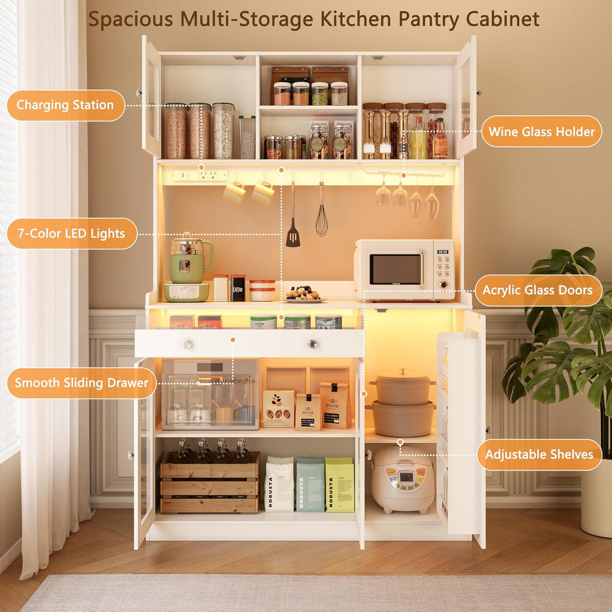 Korfile 71" Pantry Cabinet, Tall Kitchen Pantry Cabinet with Charging Station & LED Light, Kitchen Hutch with Wine Rack, Pantry Storage Cabinets with Microwave Stand for Dining Room, White