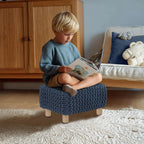COTTON CRAFT Braided Footrest - Handknitted Dori Foot Stool with Sturdy Wood Legs – Handmade Boho Leg Rest - Small Spaces Under Desk Living Room Entryway Low Footstool Pouf - 16.5x12x9.5 - Blue