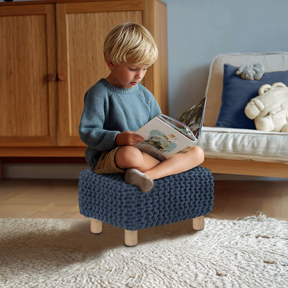 COTTON CRAFT Braided Footrest - Handknitted Dori Foot Stool with Sturdy Wood Legs – Handmade Boho Leg Rest - Small Spaces Under Desk Living Room Entryway Low Footstool Pouf - 16.5x12x9.5 - Blue