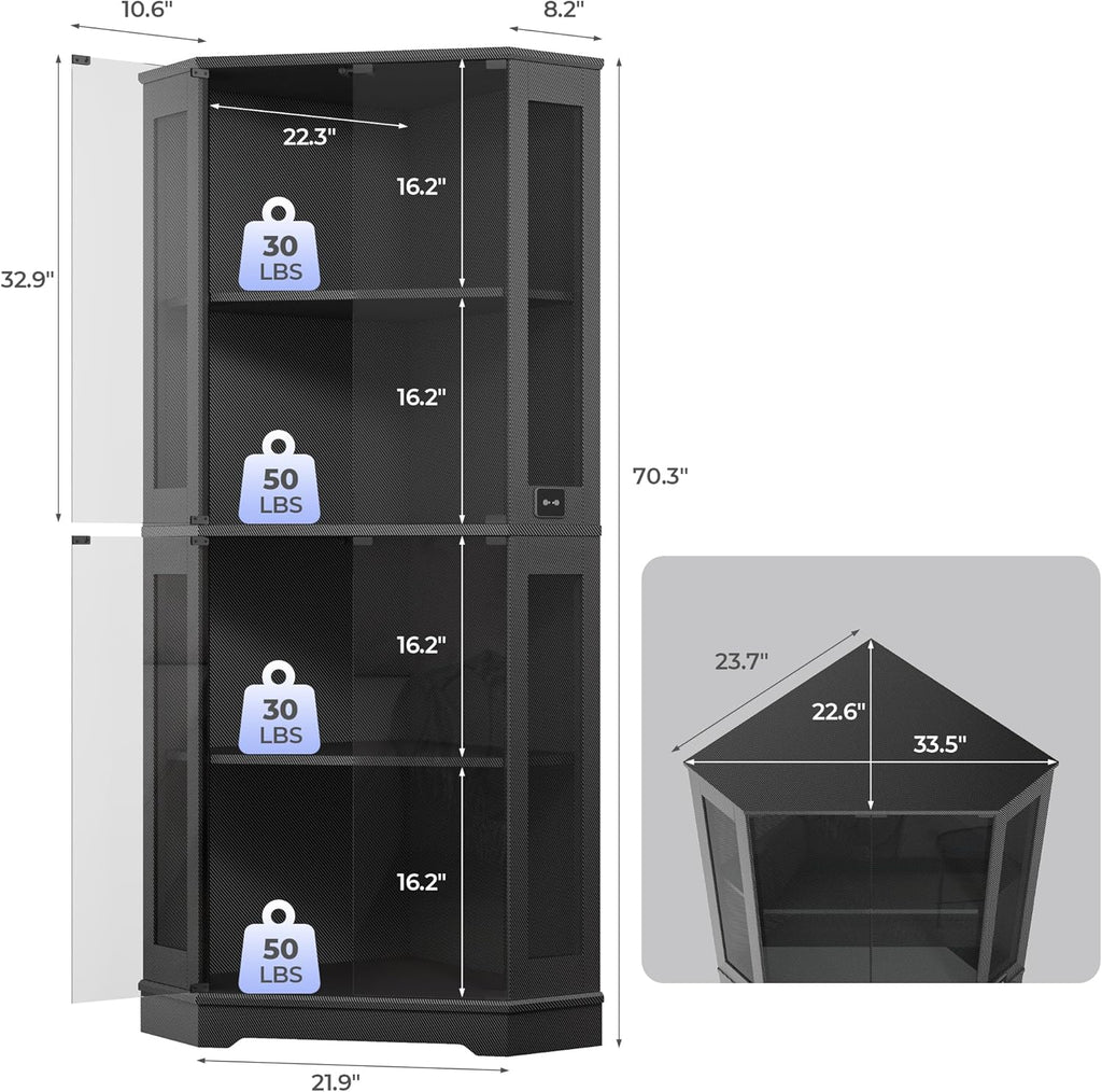 IRONCK 71" Carbon Fiber Corner Glass Display Cabinet, RGB LED Lights with Remote & APP Control, Human Body Sensor, 4-Tier Tempered Glass Display Case with 2 Adjustable Shelves for Collectibles, Black