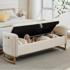 66" End of Bed Storage Bench King Size, Velvet Storage Benches for Bedroom Foot of Bed, Upholstered Storage Ottoman Bench with Golden Legs and Pillow for Living Room Window Entryway, Cream
