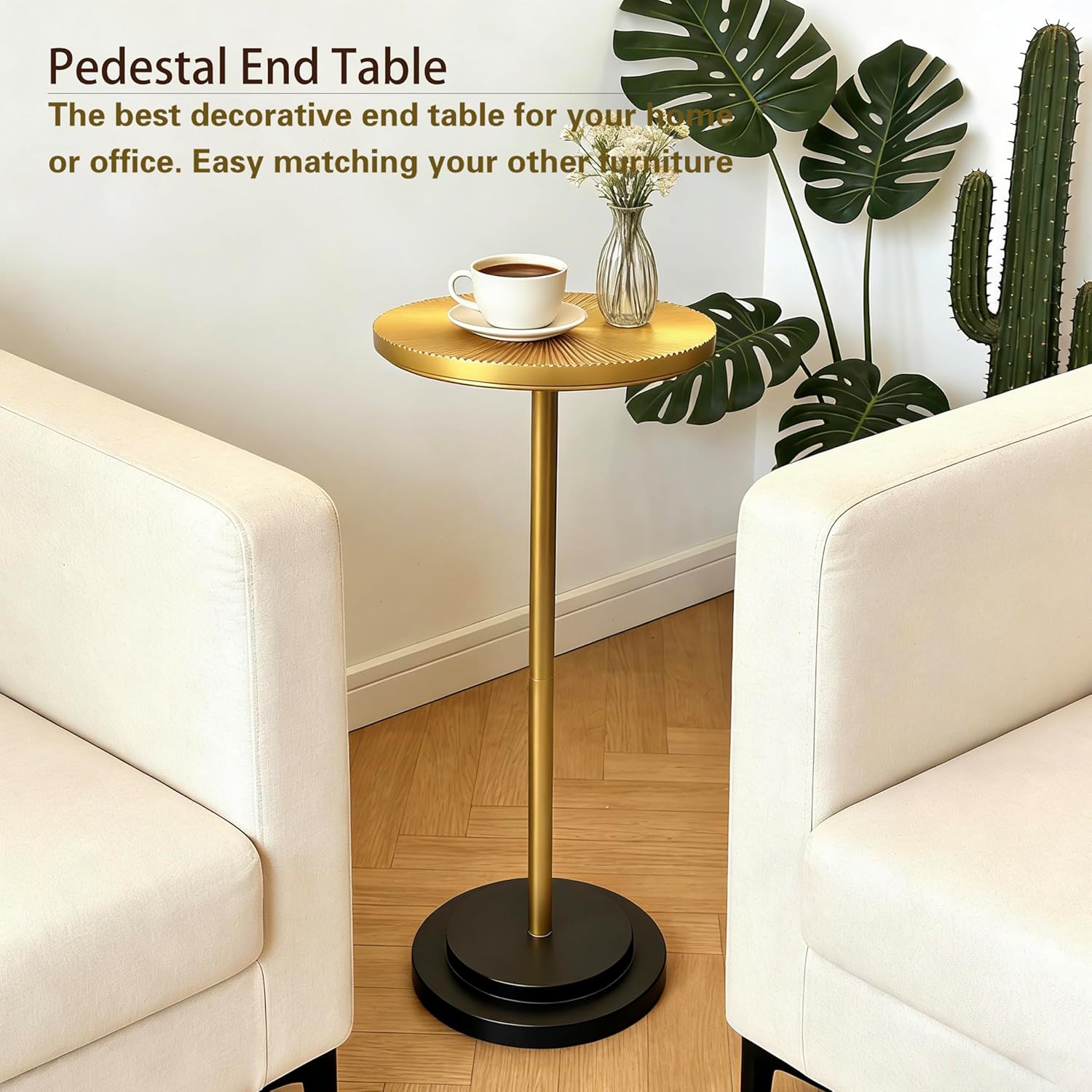 COVLON Drink Table, Carved Table Top Martini Table, Small Side Table, Weighted Base Pedestal Table for Living Room, Bedroom, Bathroom, Gold and Black