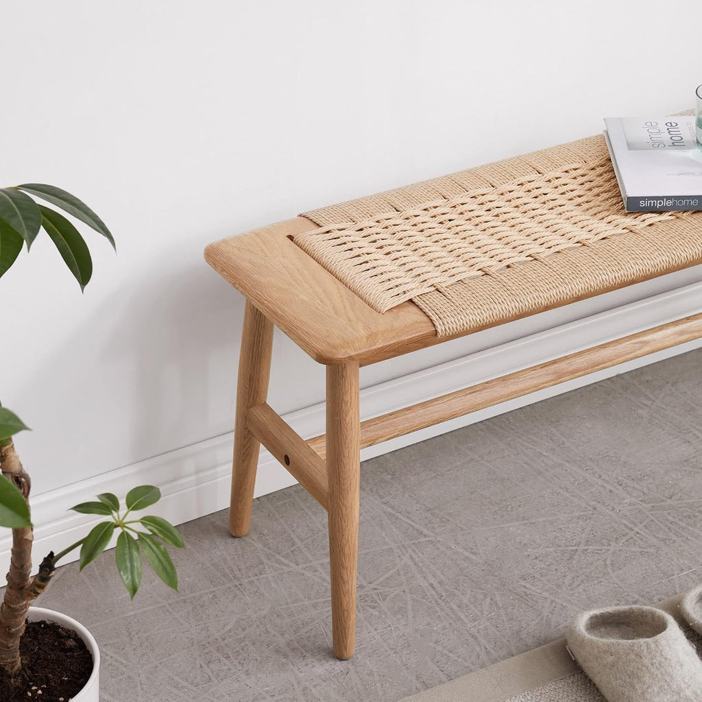 47.24" Natural Oak Wood Dining Bench with Woven Cane Seat Solid Wood Entryway Bench for Dining Room Bedroom Living Room, Natural