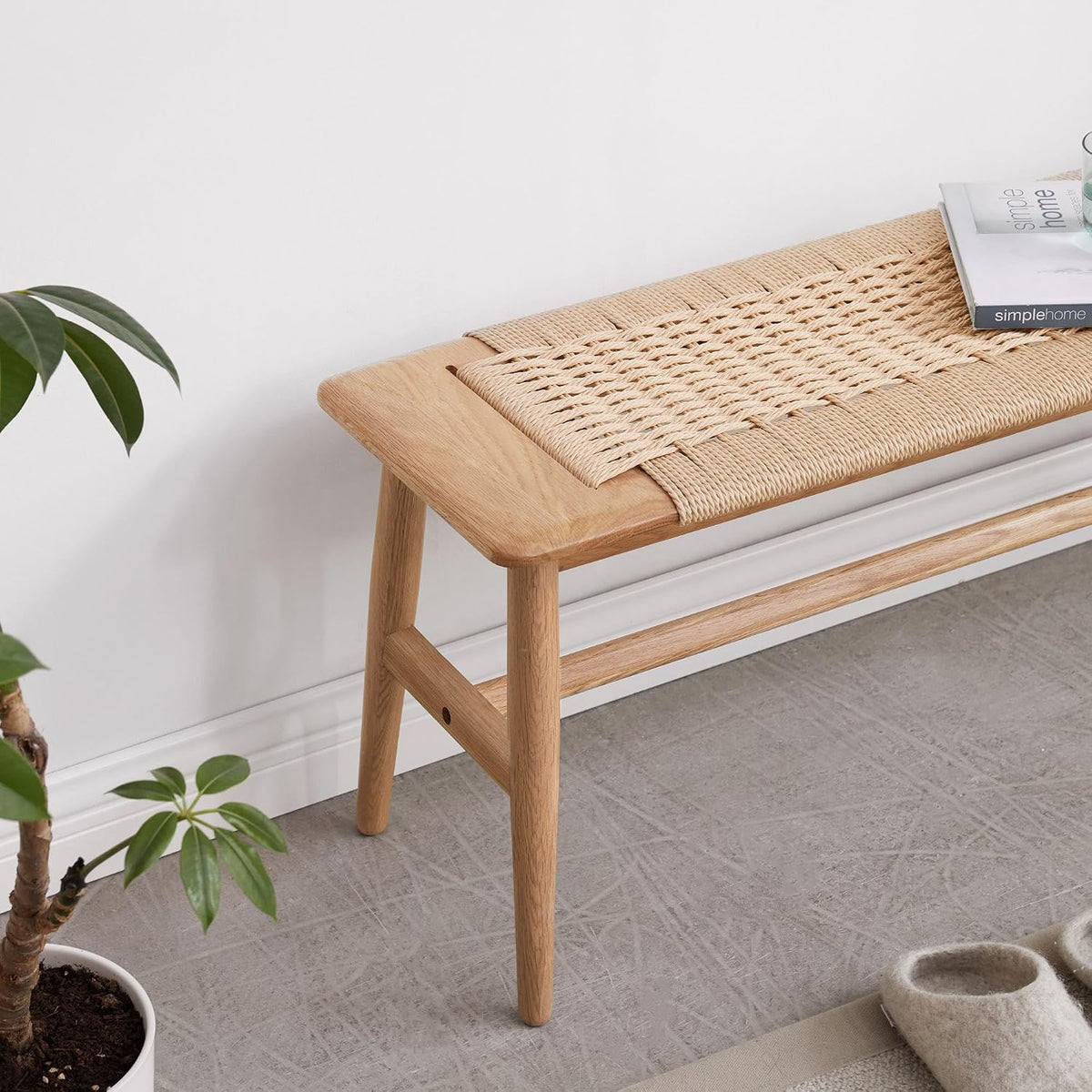 47.24" Natural Oak Wood Dining Bench with Woven Cane Seat Solid Wood Entryway Bench for Dining Room Bedroom Living Room, Natural