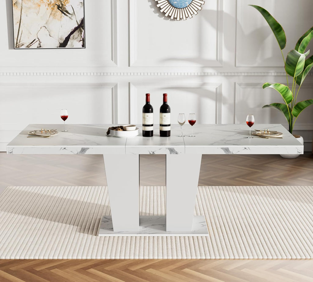 Rustic 7 Piece Dining Table Set, 62.99"-78.74" Extendable Dining Table & 6 Gray Velvet Dining Chairs with Stainless Leg, White Expandable Dining Room Table and Chairs Set