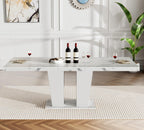 Rustic 7 Piece Dining Table Set, 62.99"-78.74" Extendable Dining Table & 6 Gray Velvet Dining Chairs with Stainless Leg, White Expandable Dining Room Table and Chairs Set