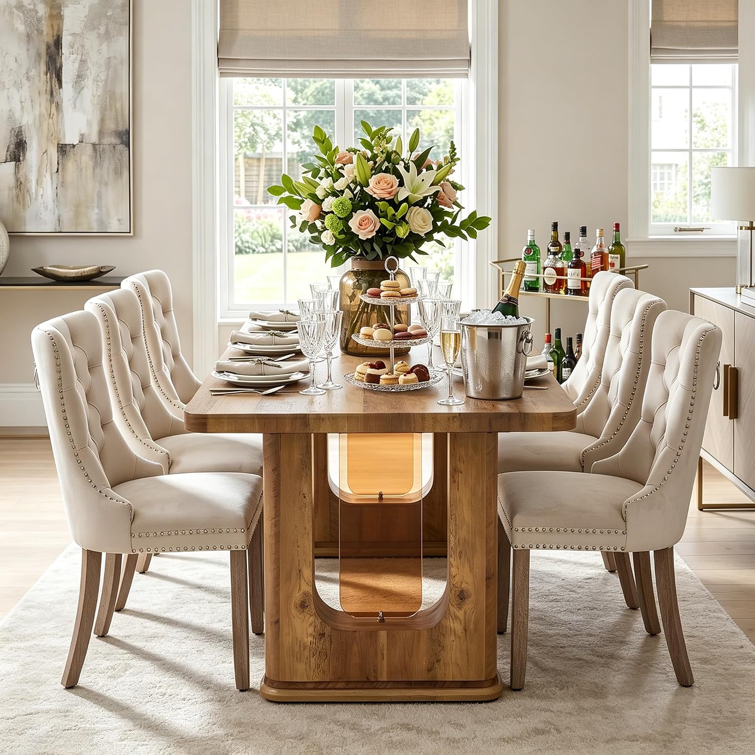 64.5" Dining Room Table Set for 6, Farmhouse Wood Kitchen Table with Decorative Pedestal Legs & 6 Tufted Velvet Chairs,Modern Luxury Dining Table Set for 6 for Dinner & Gatherings