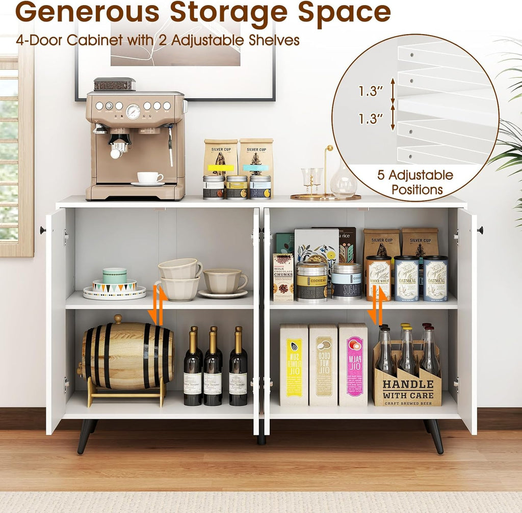 Giantex Sideboard Buffet Cabinet, 50’’ Accent Kitchen Storage Cabinet with 4-Door & 5-Position Adjustable Shelves, Modern White Sideboard with 5 Support Legs, Buffet Table for Coffee Bar, Living Room