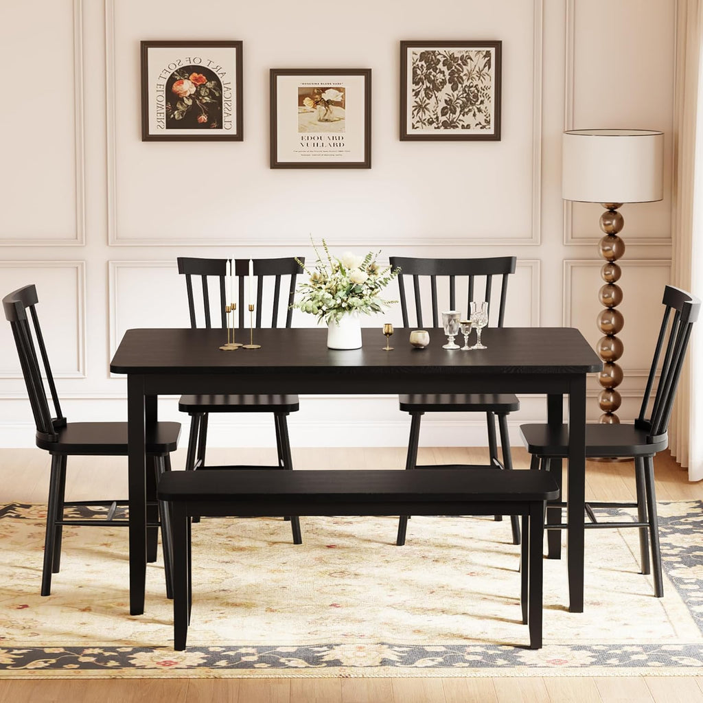 JUMMICO Solid Wood 6 Piece Dining Table Set, Modern 58"/W Kitchen Table Set for 6 with 4 Windsor Chairs & 1 Bench, Kitchen & Dining Room Sets for Kitchen, Restaurant (Black)