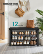 SONGMICS Shoe Rack Bench, 4 Tier Bamboo Shoe Storage Organizer, Entryway Bench, for Living Room, Bathroom, Bedroom, 11.3 x 35.2 x 20.5 Inches, Ink Black ULBS390BH01