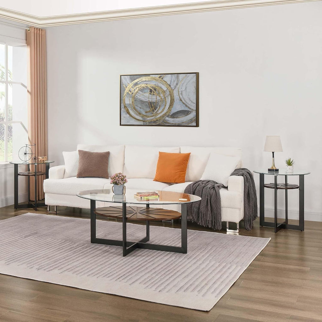 Set of 3 Living Room Tables Set -One Coffee Table and Two End Tables with Tempered Glass, 47.8" Center Table and 23.8" Beside Table with Wood Storage Shelf and Metal Leg, Brown Shelf & Black Leg B2616