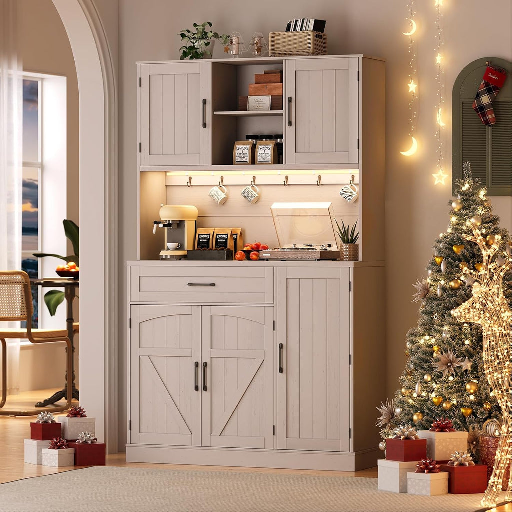 ONBRILL 71" Kitchen Pantry Storage Cabinet with LED Light/Outlet, Off-White | Pantry Cabinet, Kitchen Hutch with Microwave Shelf & 6 Hooks, Door Shelves & Drawer & Adjustable Shelves, for Dining Room