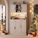 ONBRILL 71" Kitchen Pantry Storage Cabinet with LED Light/Outlet, Off-White | Pantry Cabinet, Kitchen Hutch with Microwave Shelf & 6 Hooks, Door Shelves & Drawer & Adjustable Shelves, for Dining Room