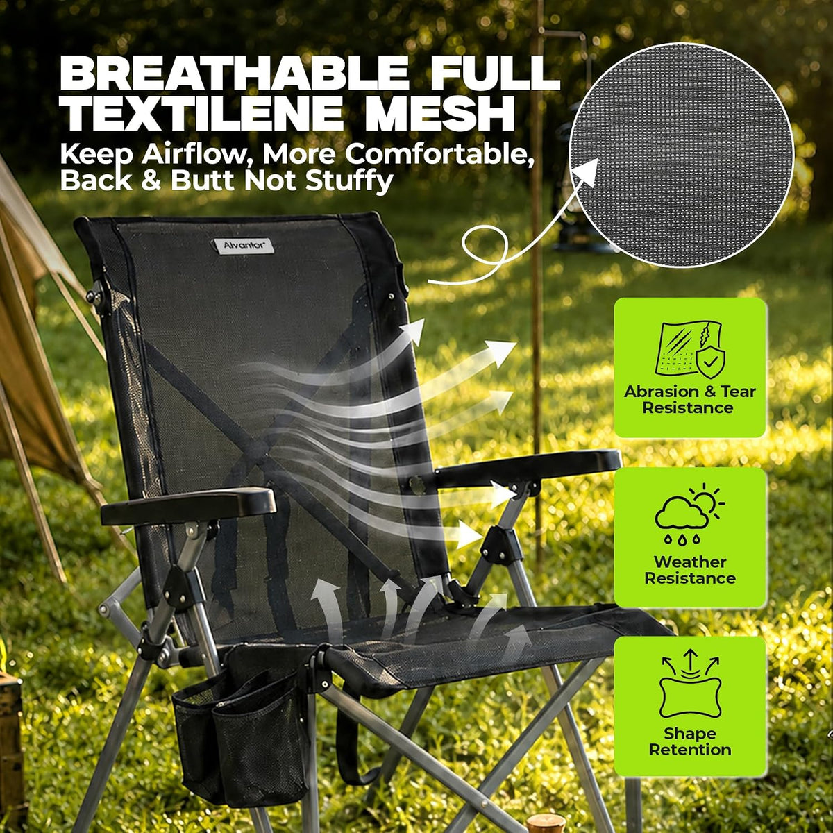 Alvantor® Camping Chair, Full Mesh Folding Beach Chair Breathable High Back Portable Lawn Chair for Outdoor, Armrest, Cup Holder, Easy Use Seat for Travel, Fishing, Pinic, Sports Event, 24"x31"x38"
