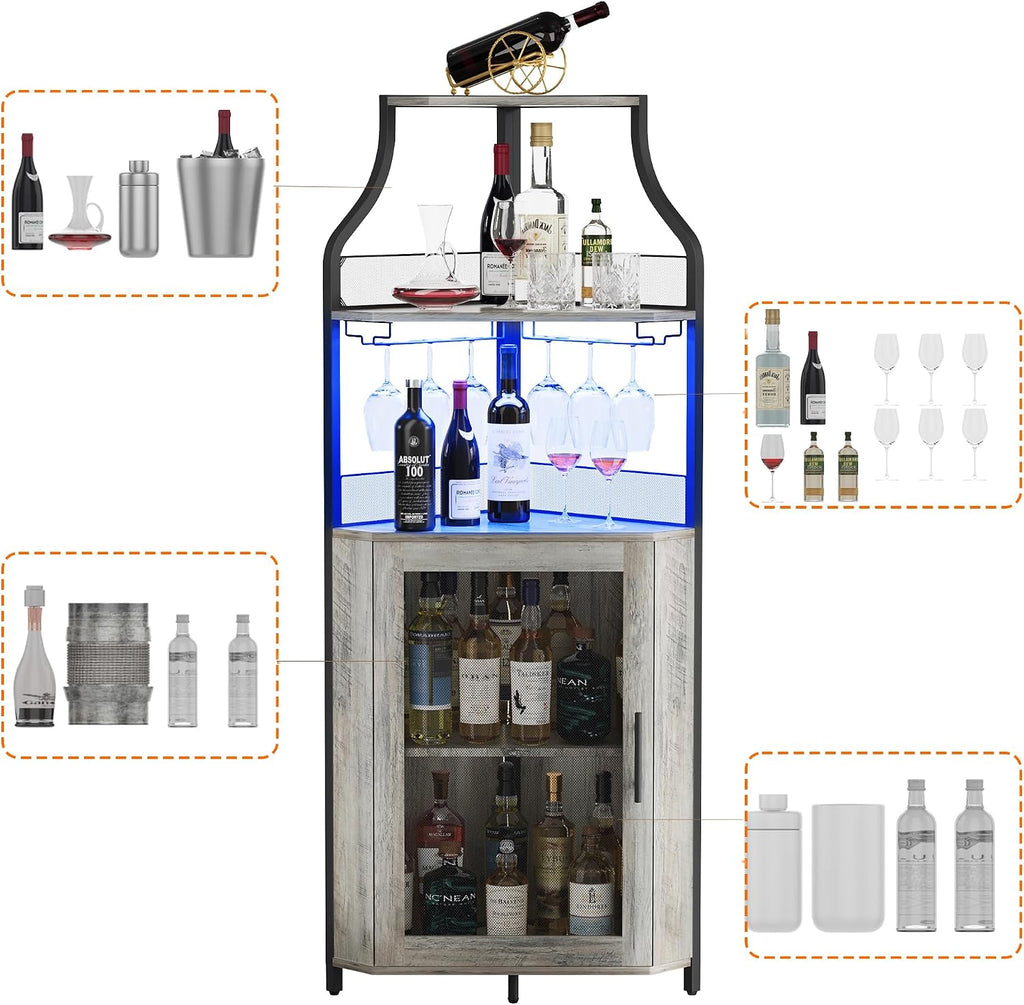 GAOMON Corner Bar Cabinet with LED Strip and Glass Holder, Industrial Wine Cabinet with Adjustble Shelf, 5-Tiers Liquor Cabinet Bar Cabinet for Home, Corner Display Cabinet for Small Space,Grey