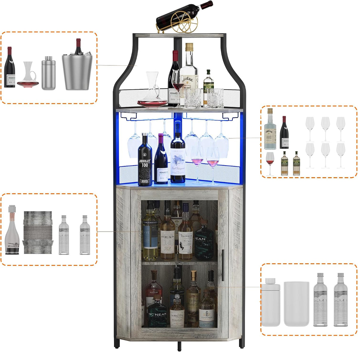 GAOMON Corner Bar Cabinet with LED Strip and Glass Holder, Industrial Wine Cabinet with Adjustble Shelf, 5-Tiers Liquor Cabinet Bar Cabinet for Home, Corner Display Cabinet for Small Space,Grey
