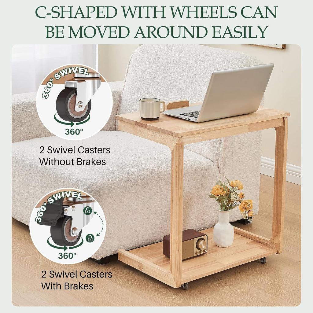 C-Shaped End Table with Wheels - Solid Wood C Shape Rolling Side Table for Couch, Wooden Tv Tray Under Bedside Tables for Sofa Living Room Bedroom, Natural, 15.7 in x 23.6 in x 24.8 in