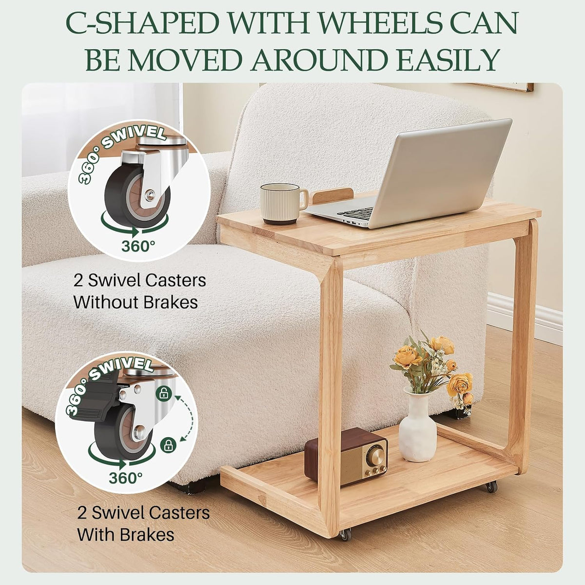 C-Shaped End Table with Wheels - Solid Wood C Shape Rolling Side Table for Couch, Wooden Tv Tray Under Bedside Tables for Sofa Living Room Bedroom, Natural, 15.7 in x 23.6 in x 24.8 in