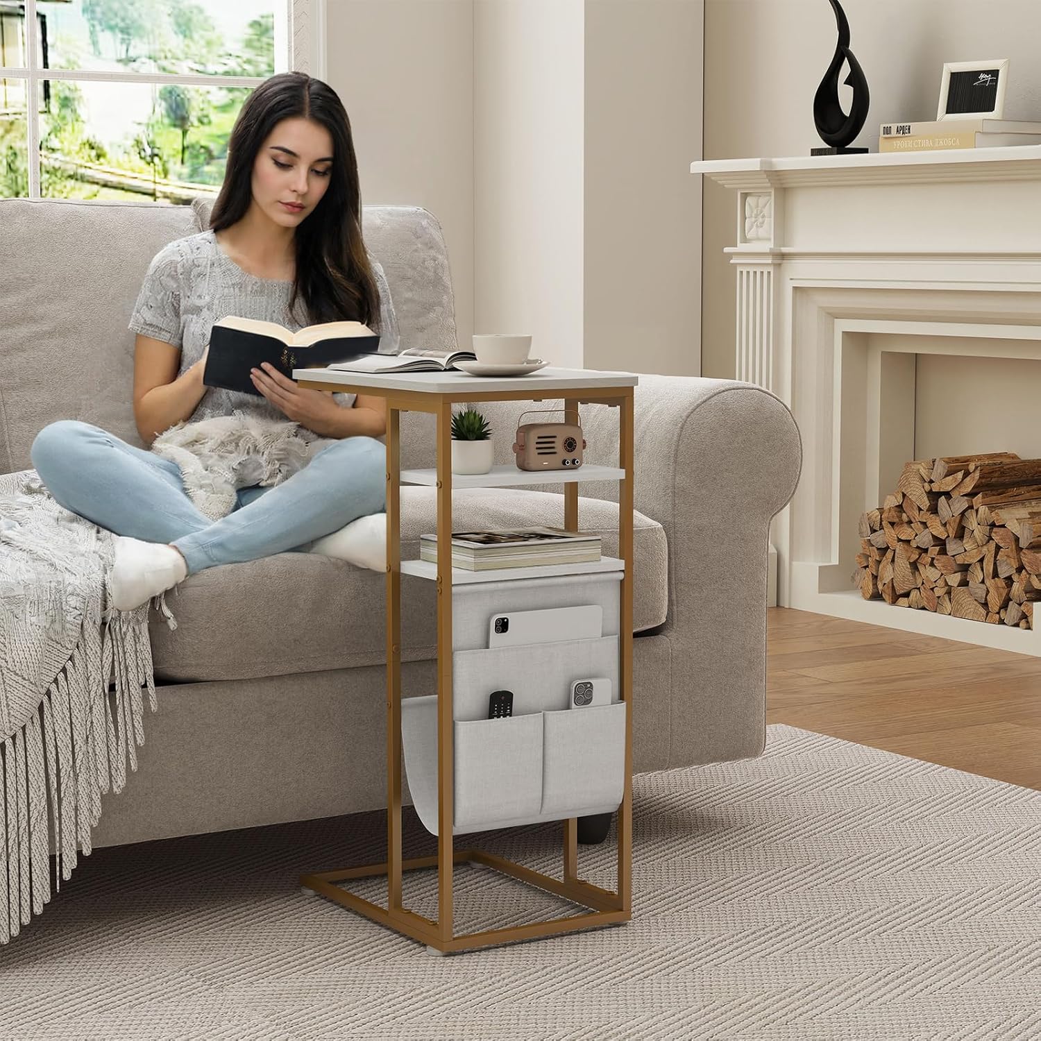 C Shaped End Table 28"(H) 3-Tier C Table with Storage Bag, Under Couch Table C-Shaped End Table with Storage Shelves and Bag for Living Room, Bedroom, or Office