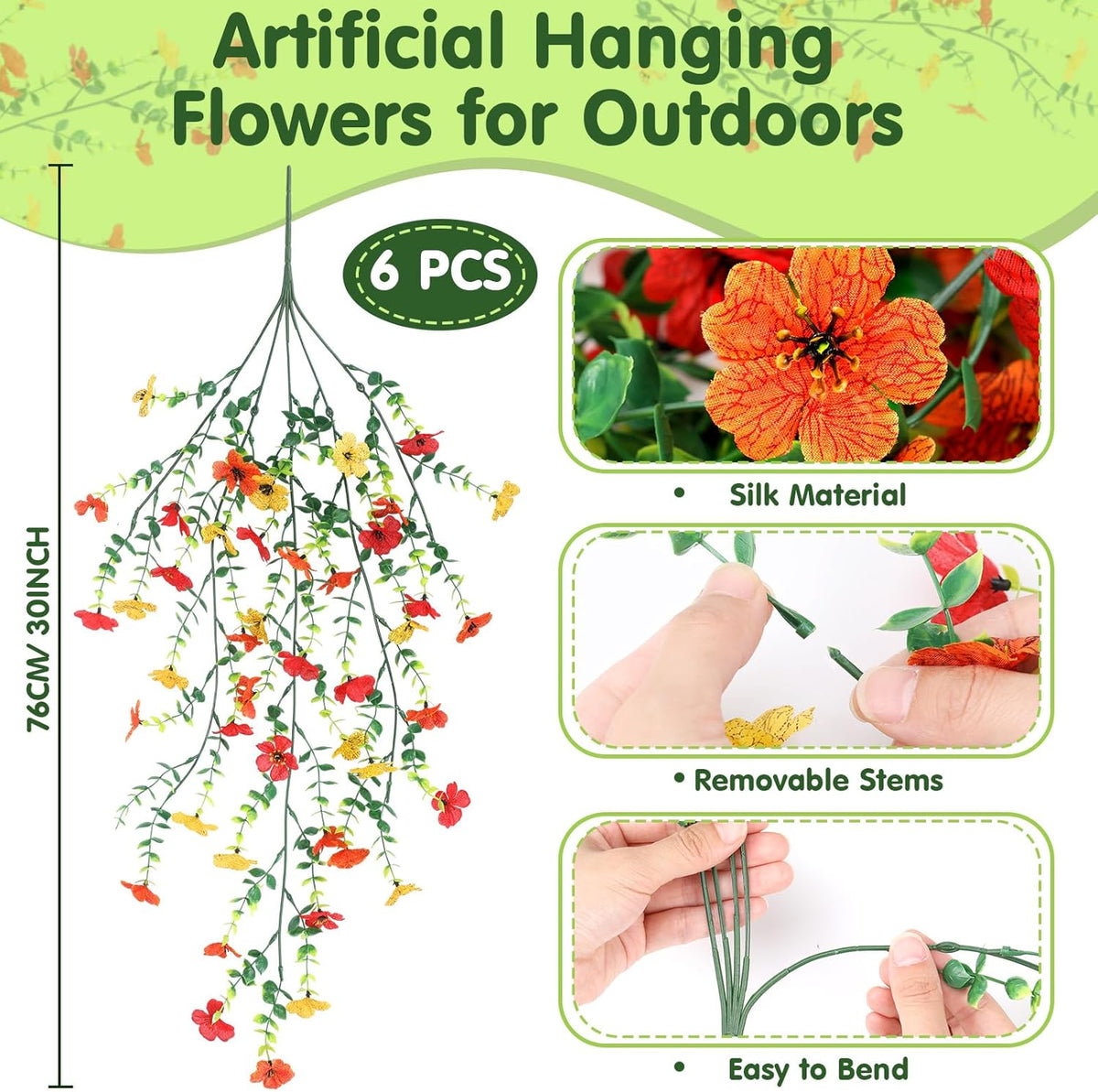 6 Pcs Artificial Fall Hanging Flowers Outdoor Silk Mum Plants Autumn Decor Faux Violet with Eucalyptus Realistic UV Resistant Trailing Vine Thanksgiving Porch Yard(Bright Color,Violet)