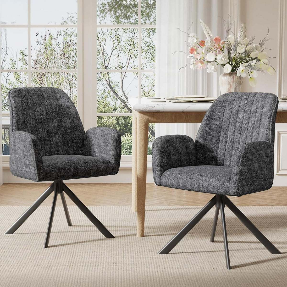 Furniliving Swivel Dining Chairs Set of 2, Upholstered Dining Room Chairs with Arms, 360° Swivel Dining Chairs with Metal Frame, Modern Kitchen Chairs for Lounge, Chenille, Darkgrey