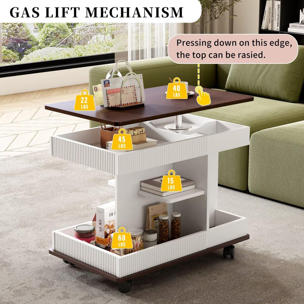 29.5" Adjustable End Table with Wheels, Modern Multifunctional Sofa Side Table with Lift-Top, 360°Rotating Top and Storage Space for Living Room, Small Space, Brown+White