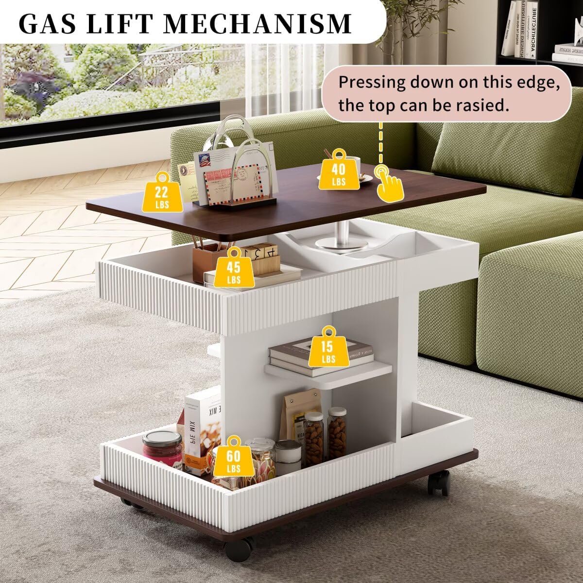 29.5" Adjustable End Table with Wheels, Modern Multifunctional Sofa Side Table with Lift-Top, 360°Rotating Top and Storage Space for Living Room, Small Space, Brown+White