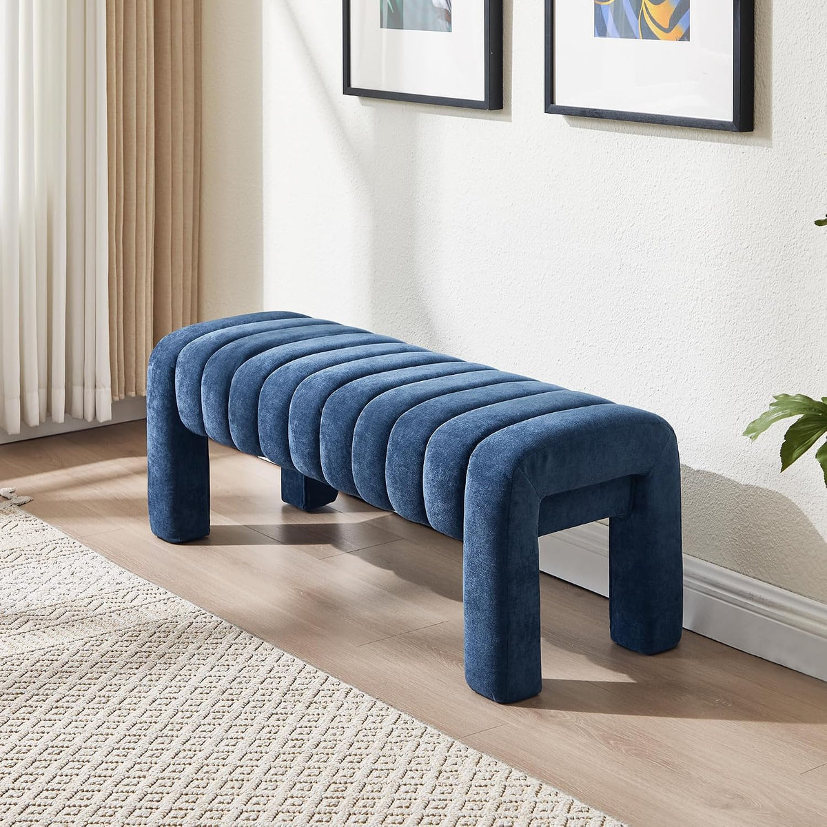 43.3" Bedroom Bench, Upholstered Entryway Bench, Modern End of Bed Ottoman with Solid Wood Legs and Adjustable Foot Pegs for Entryway, Dining Room and Living Room (Blue Chenille)