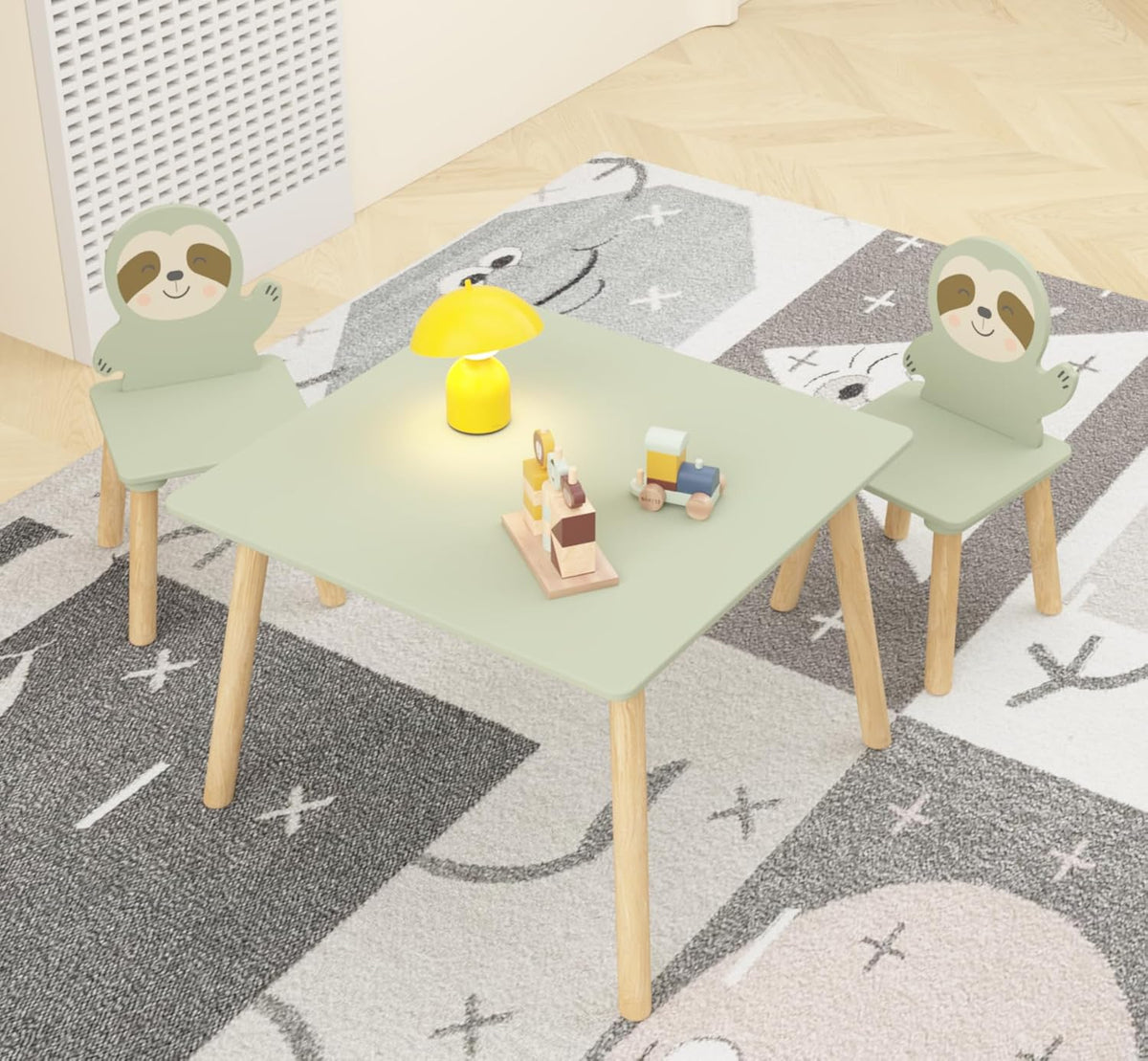 Kids Table and Chair Set with 2 Sloth Chairs 23.6" x 23.6" x 17.3" Solid Wood Table & Chairs in Sage Green & Natural Wood