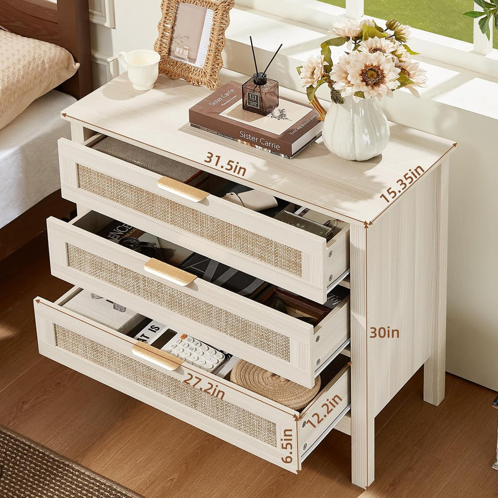 LEYAOYAO 31.5" Wide Rattan Nightstand, Large Boho 3 Drawer Night Stand | Grey White Bedside Table with Storage, Tall Bed Side End Tables for Bedroom, Living Room, Hallway