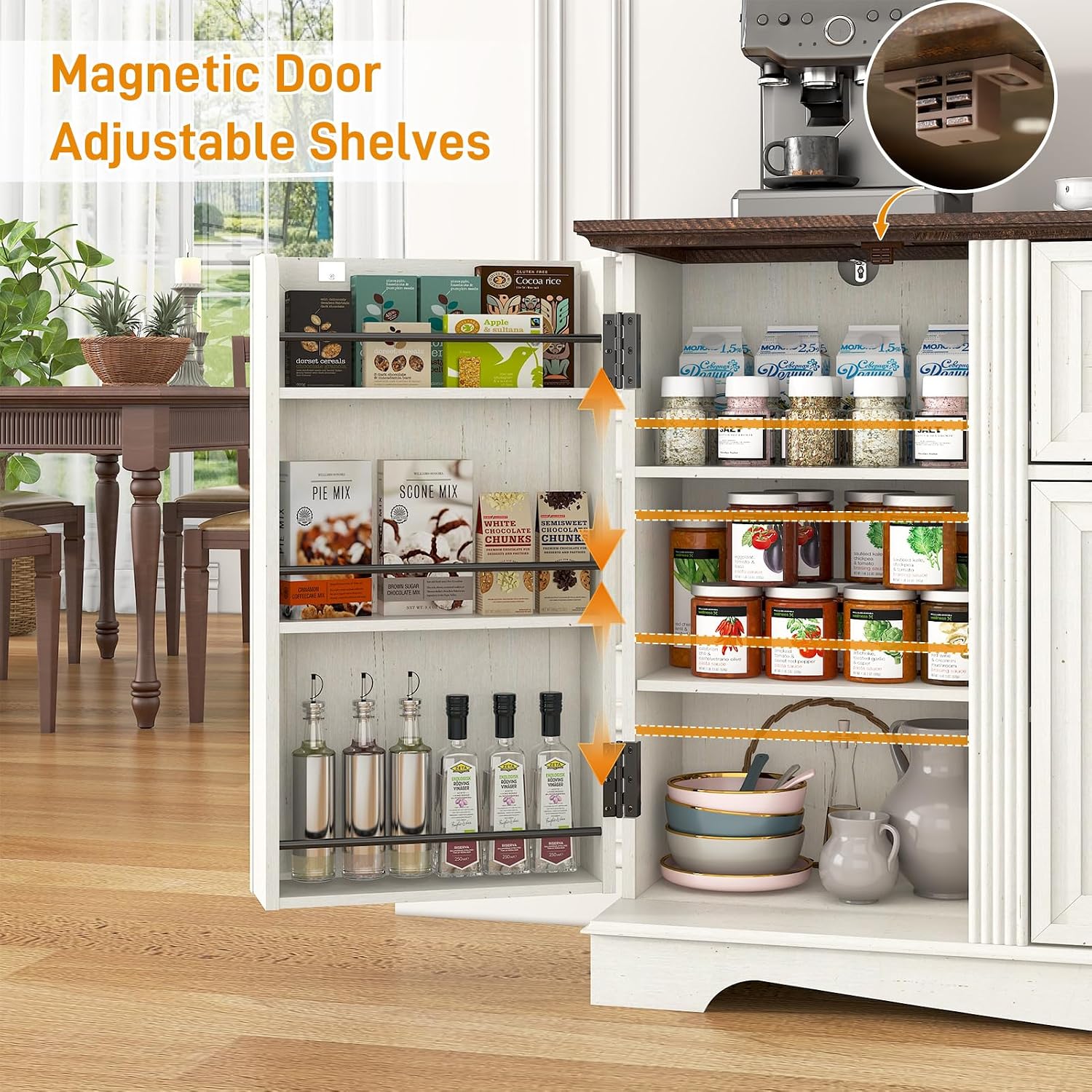 65" Sideboard Buffet Cabinet with Storage, Farmhouse Kitchen Pantries Sideboard Cabinets with Drawer, Wood Coffee Bar Cabinet with Adjustable Shelves, Storage Cabinets for Kitchen, Antique White