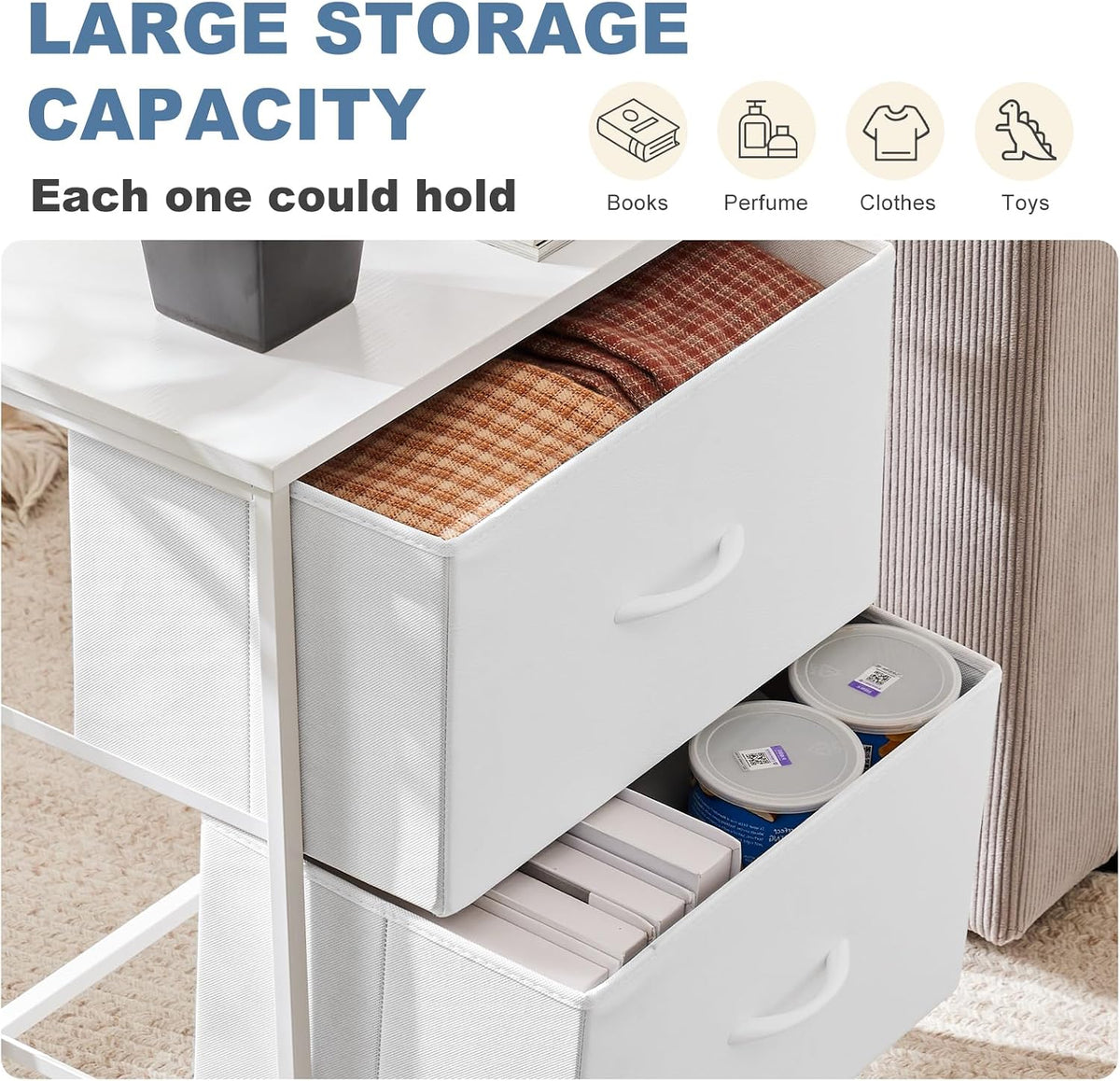 DUMOS Night Stand Small Dresser for Bedroom with 2 Drawers, Bedside Table | Fabric Bedside Storage Furniture, 20 Inch Tall End Side Table for Closet, Bedroom, White