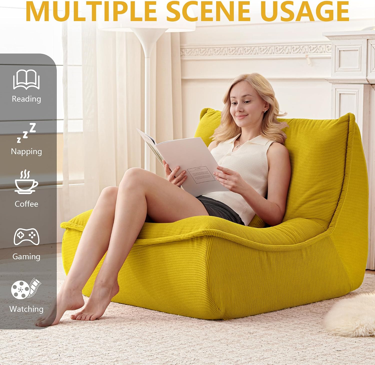 Bean Bag Chair for Adults, Single Lounge Chair with Lumbar Pillow, Comfy Floor Sofa with High-Resilience Foam, Lazy Accent Chair for Living Room, Bedroom, Apartment, Or Reading Corner, Yellow