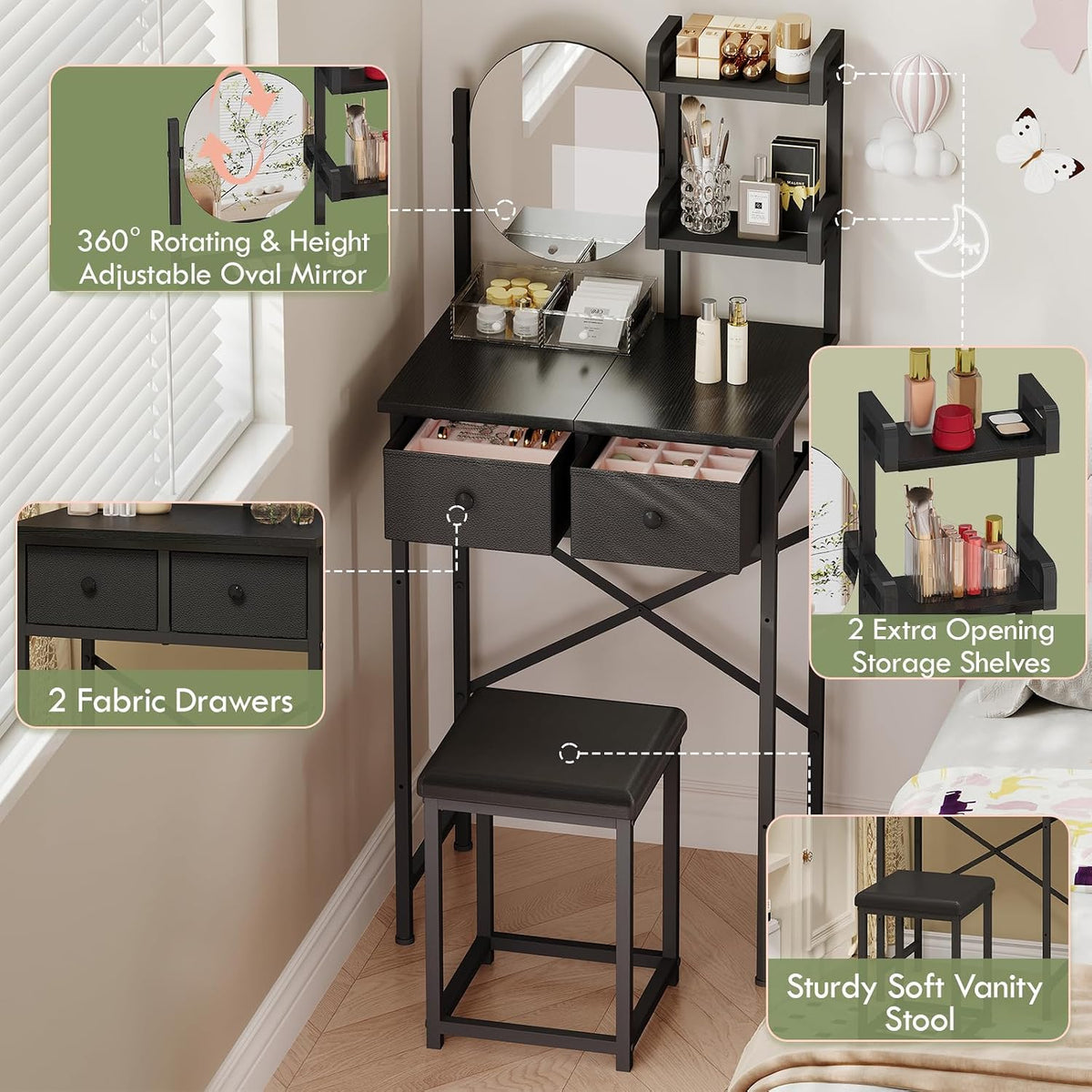X-cosrack Small Black Makeup Vanity Desk 19.7''W with Adjustable Mirror and Chair, Space-Saving Vanity Table with 2 Fabric Drawers 2 Opening Shelves for Girls Gifts, Bedroom, Small Spaces, Black