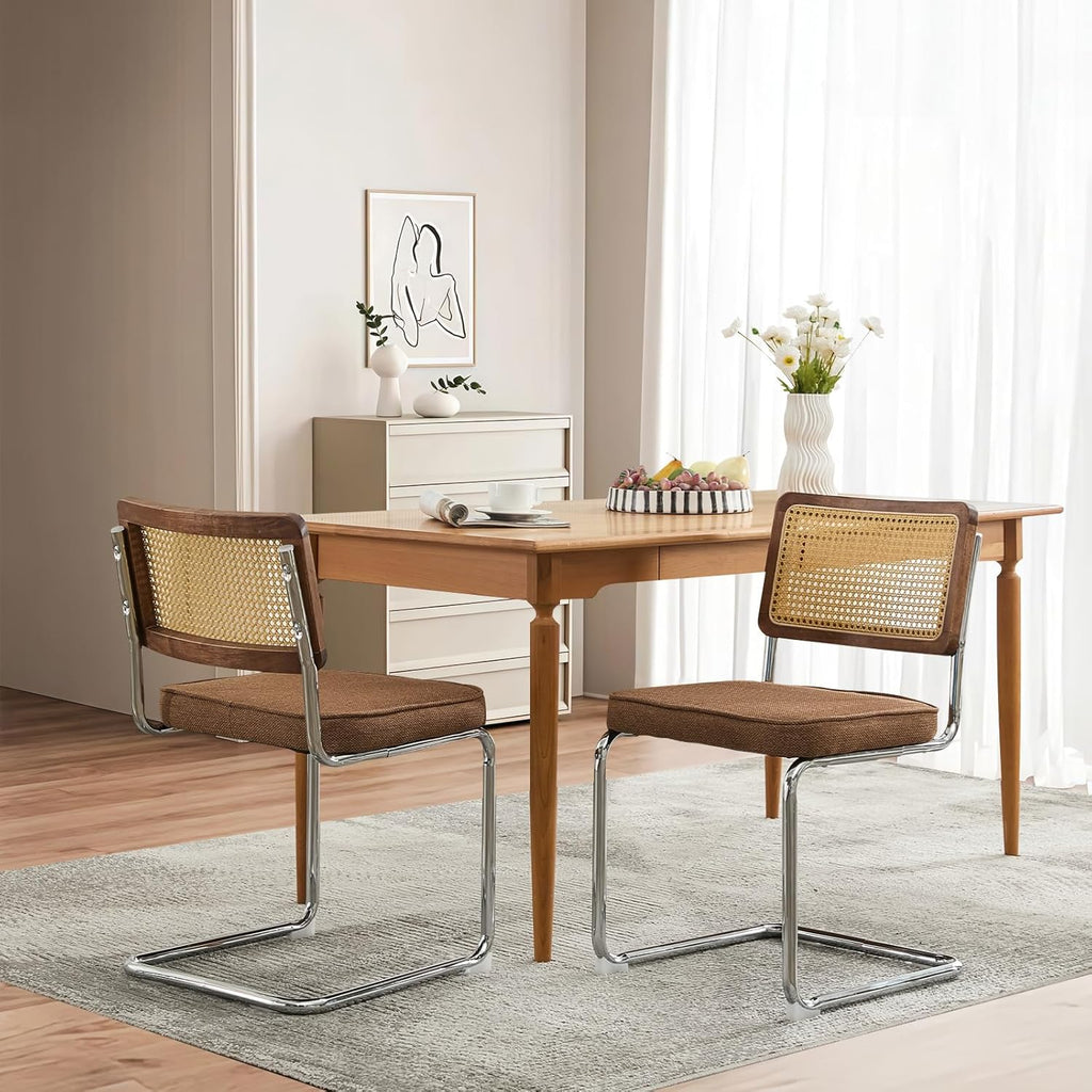 SoarFlash Linen Dining Chair Set of 2 Modern Upholstered Kitchen Chair with Walnut Rattan Cane Back, Stainless Chrome Base for Dining Room, Club(Coffee)