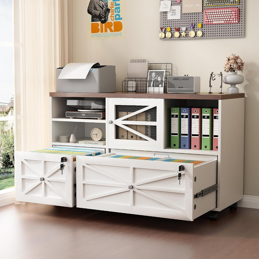2 Drawer Farmhouse File Cabinet with Lock, Mobile Lateral Filing Cabinet for Letter/Legal/A4 Size, Open Storage Adjustable Shelf for Home Office Cabinets,White
