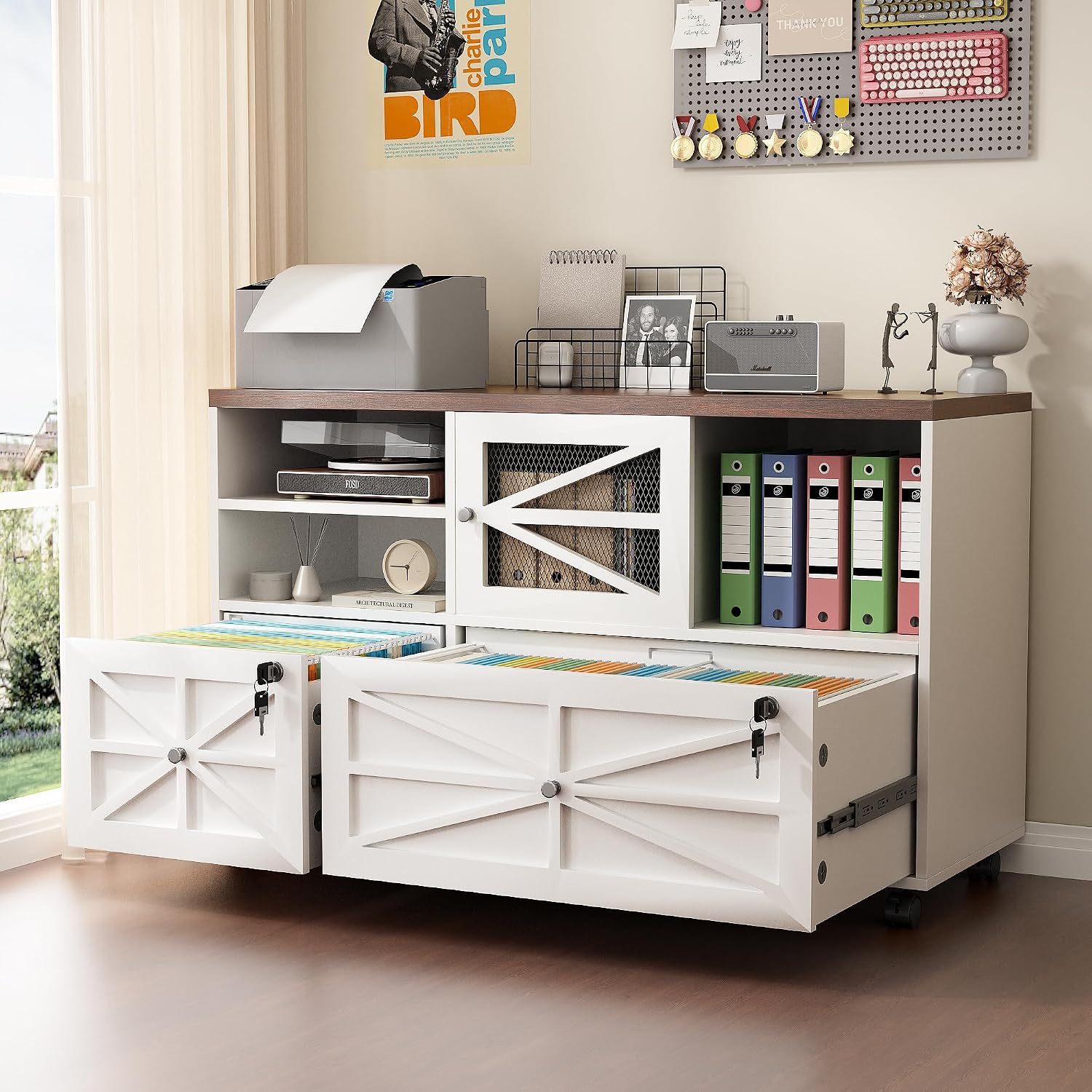 2 Drawer Farmhouse File Cabinet with Lock, Mobile Lateral Filing Cabinet for Letter/Legal/A4 Size, Open Storage Adjustable Shelf for Home Office Cabinets,White