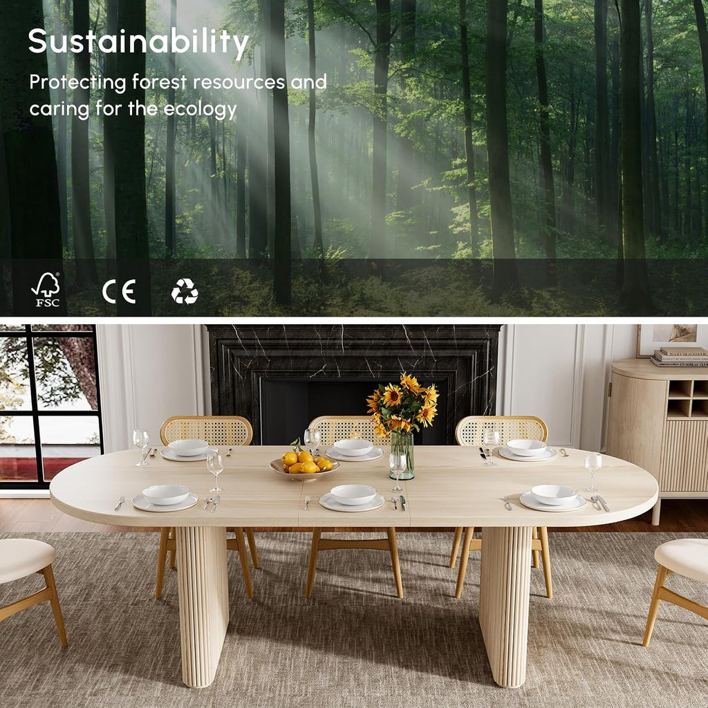 homary Oval Extendable Dining Table 79"–94", Japandi Wooden Dining Table for 6–10, Solid Wood Kitchen & Dining Room Table with Double Pedestal Base (Table Only)